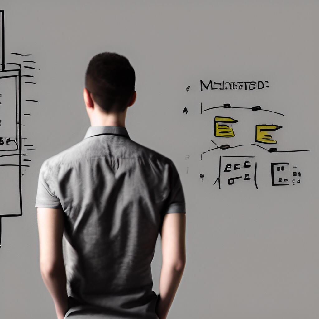 man looking at whiteboard, technical documentation, creative, illustration, crayon